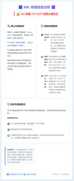 SOL跌破140 USDT，24小时跌2.66%