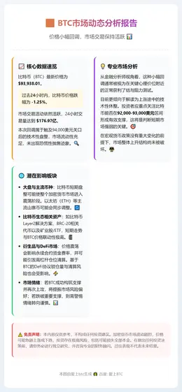 BTC跌破94000美元，24小时跌1.25%