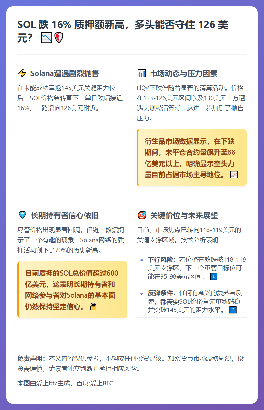 SOL 跌 16% 质押额新高，多头能否守住 126 美元？