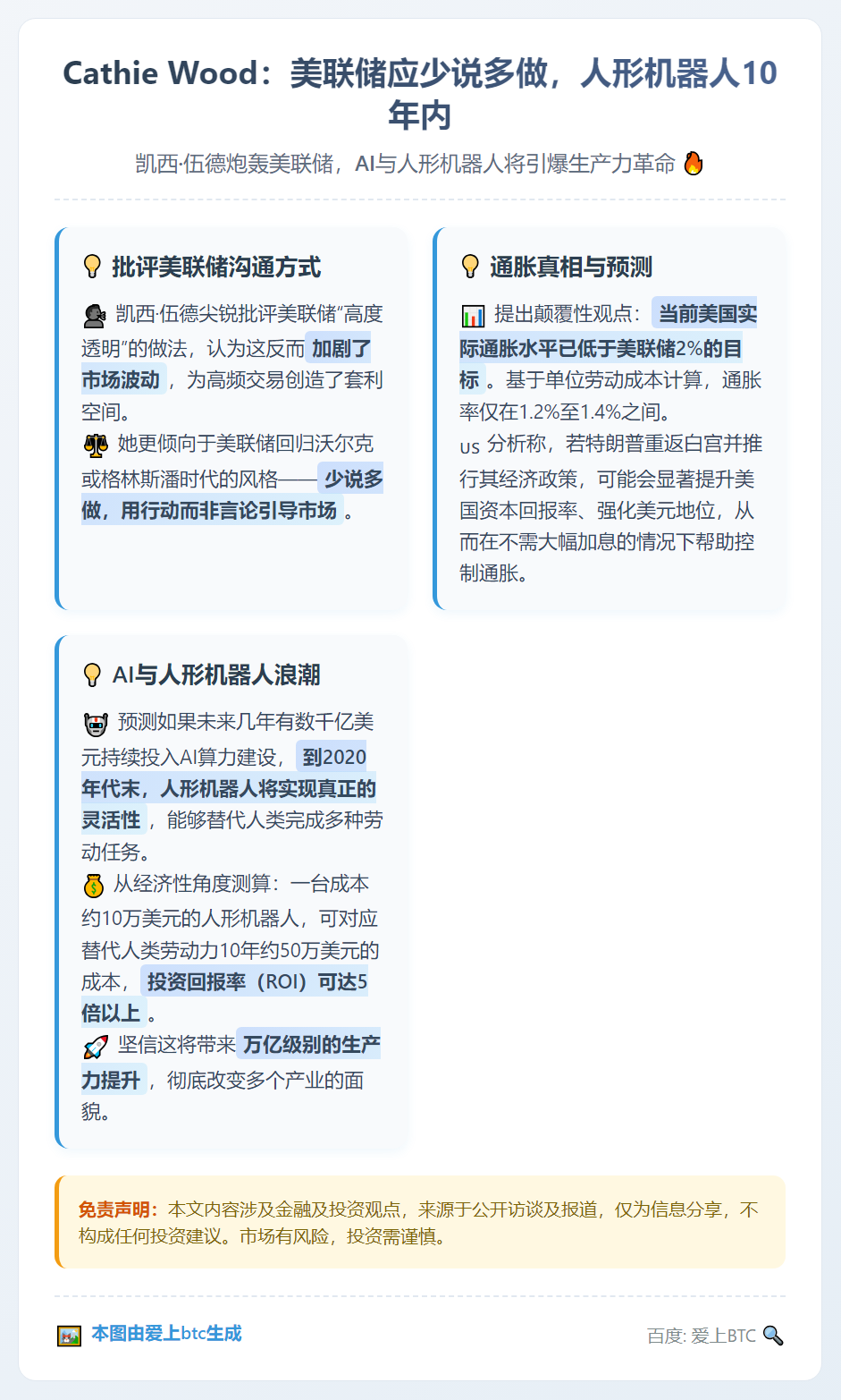 Cathie Wood：美联储应少说多做，人形机器人10年内