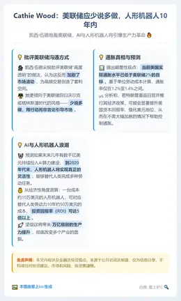 Cathie Wood：美联储应少说多做，人形机器人10年内