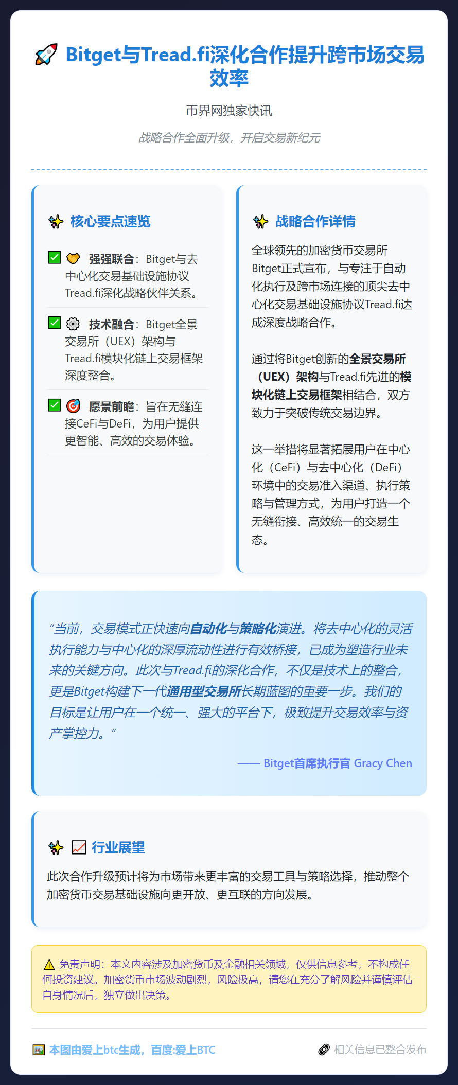 Bitget与Tread.fi深化合作提升跨市场交易效率