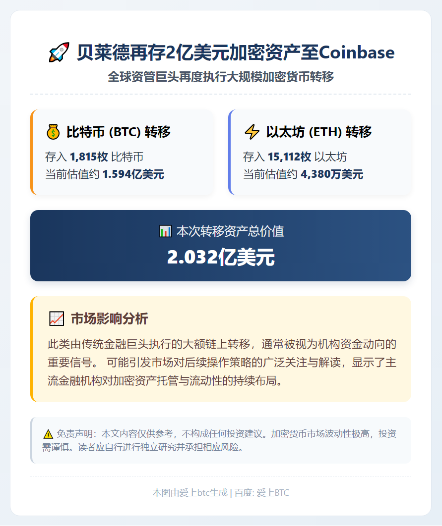贝莱德再存2亿美元加密资产至Coinbase