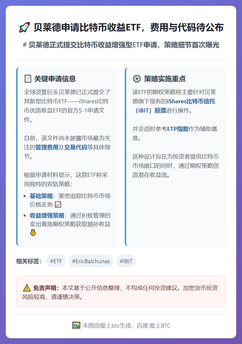 贝莱德申请比特币收益ETF，费用与代码待公布