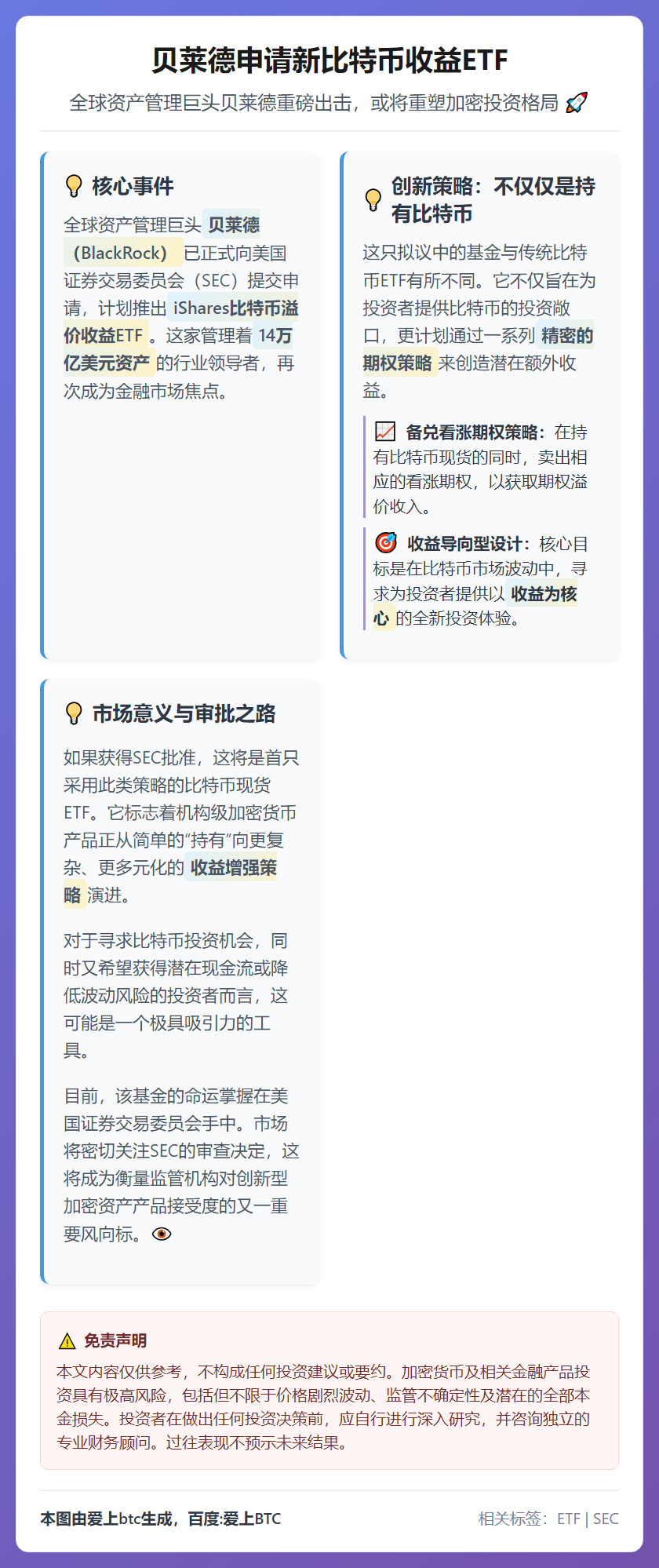 贝莱德申请新比特币收益ETF