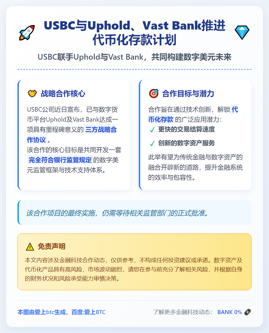 USBC与Uphold、Vast Bank推进代币化存款计划