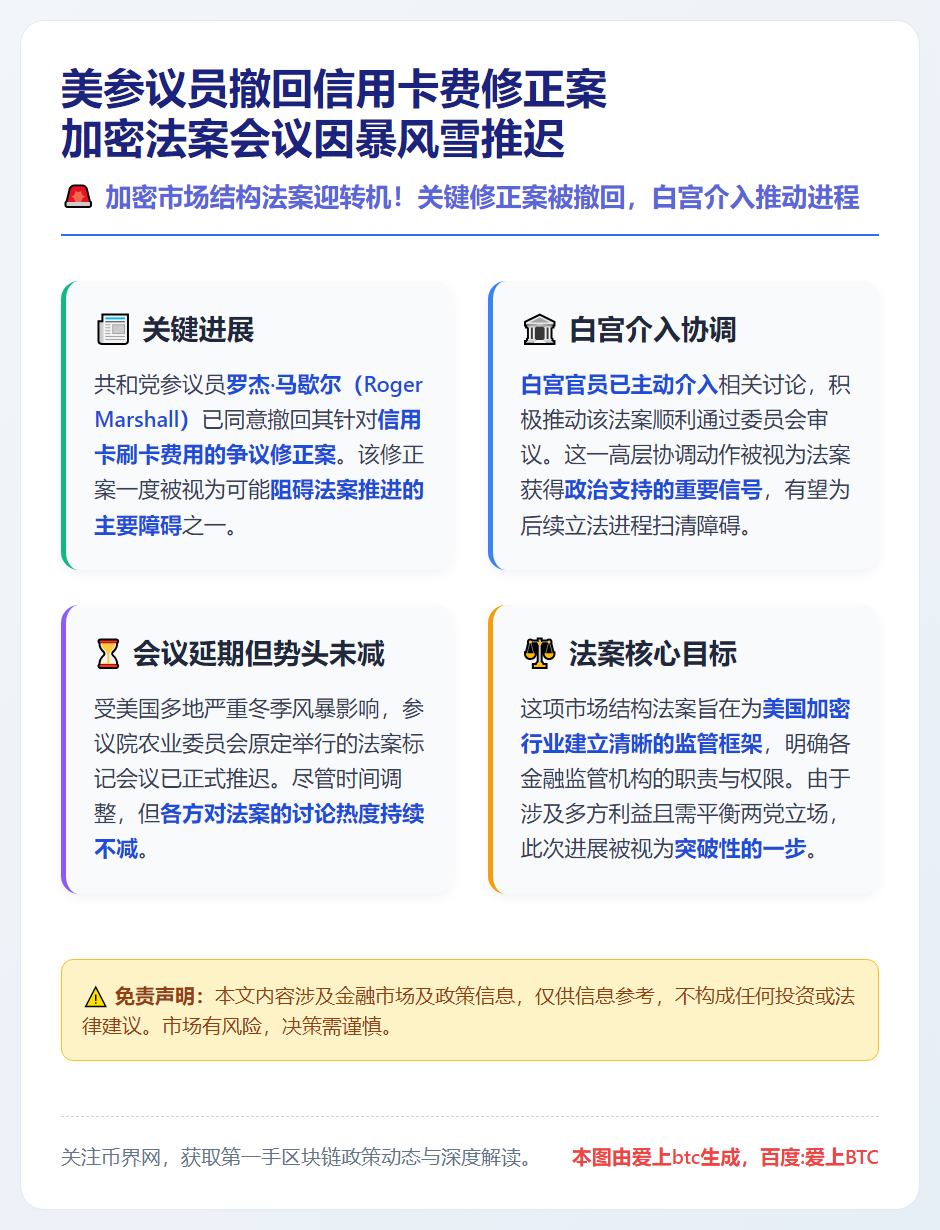 美参议员撤回信用卡费修正案 加密法案会议因暴风雪推迟