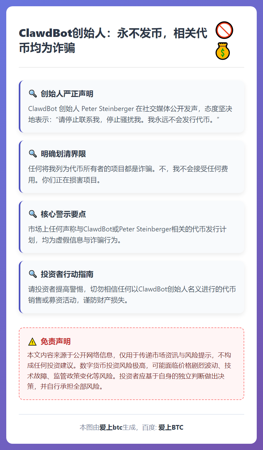 ClawdBot创始人：永不发币，相关代币均为诈骗
