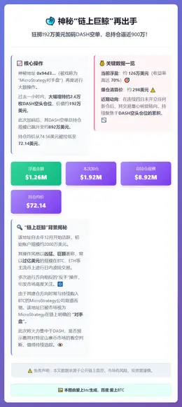 清仓BTC多单转空DASH，浮盈126万美元