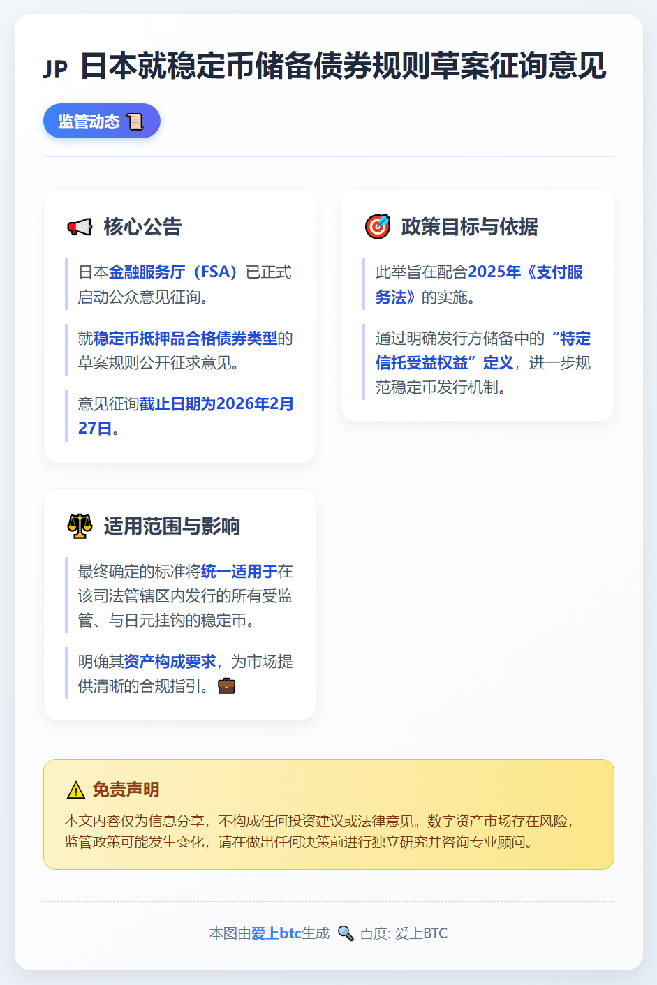日本就稳定币储备债券规则草案征询意见
