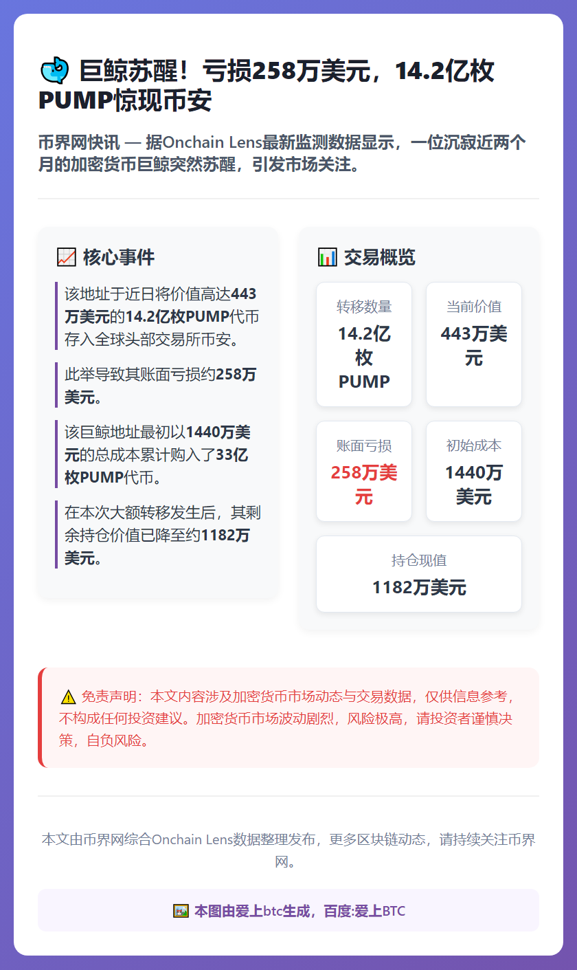 巨鲸休眠两月后向币安存入14.2亿PUMP