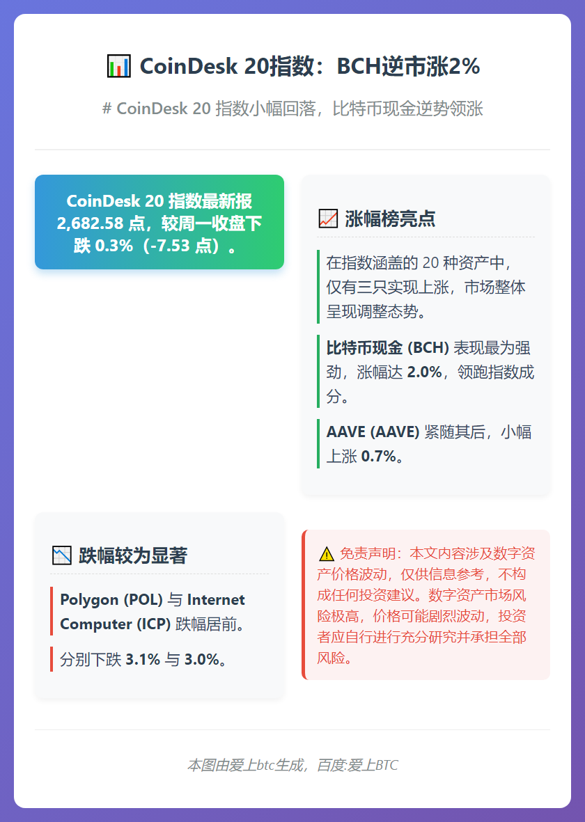 CoinDesk 20指数：BCH逆市涨2%