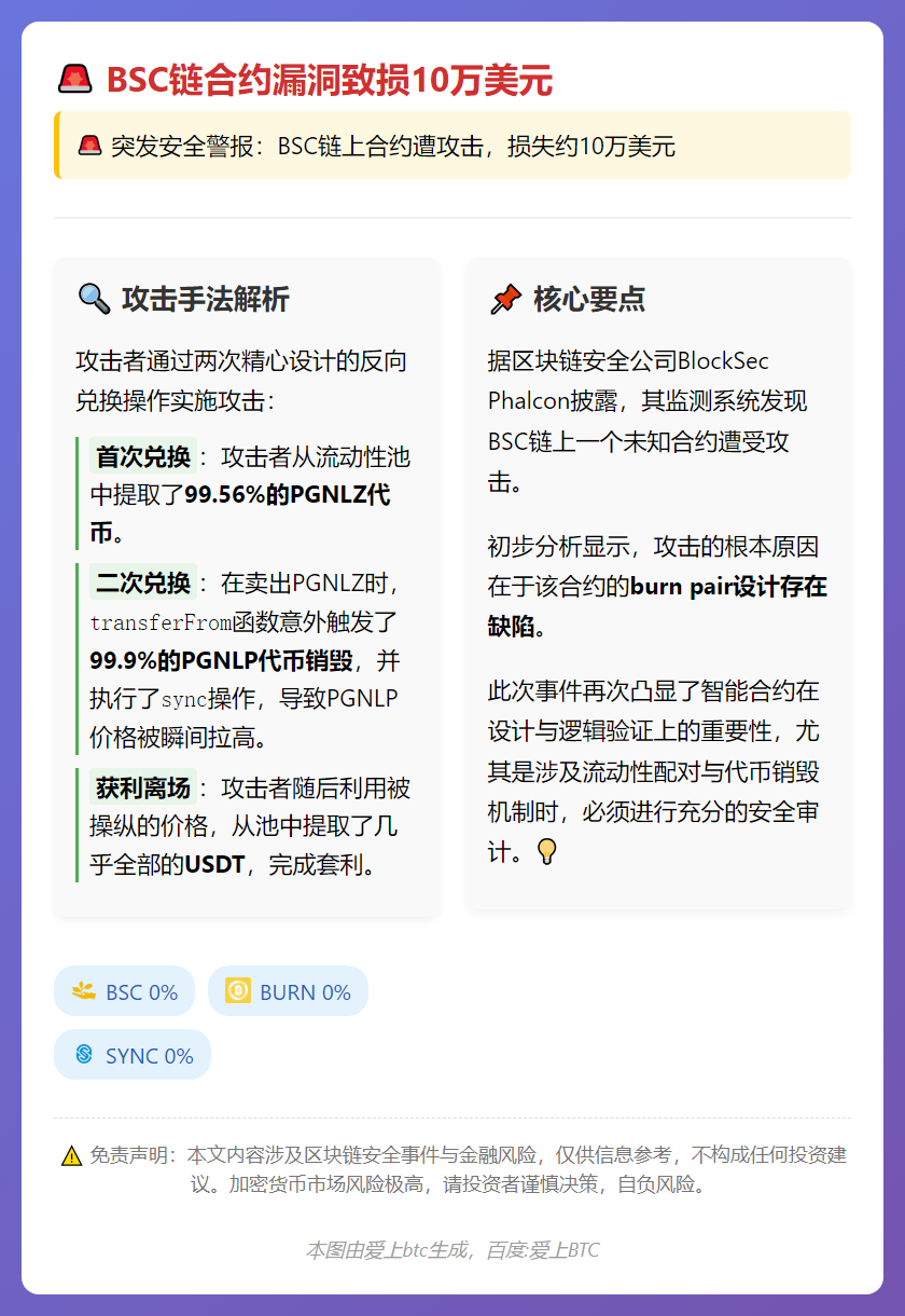 BSC链合约漏洞致损10万美元