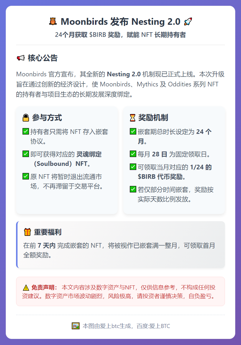 Moonbirds发布Nesting 2.0，24个月获取b