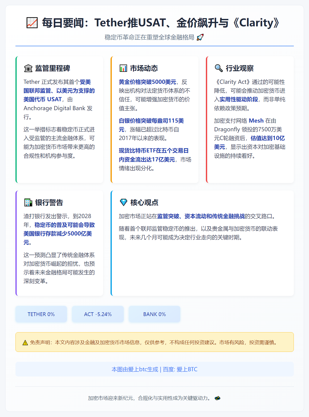 每日要闻：Tether推USAT、金价飙升与《Clarity