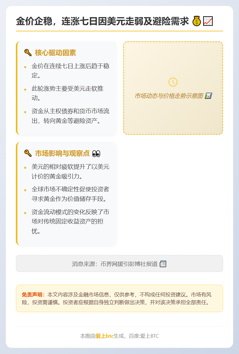 金价企稳，连涨七日因美元走弱及避险需求
