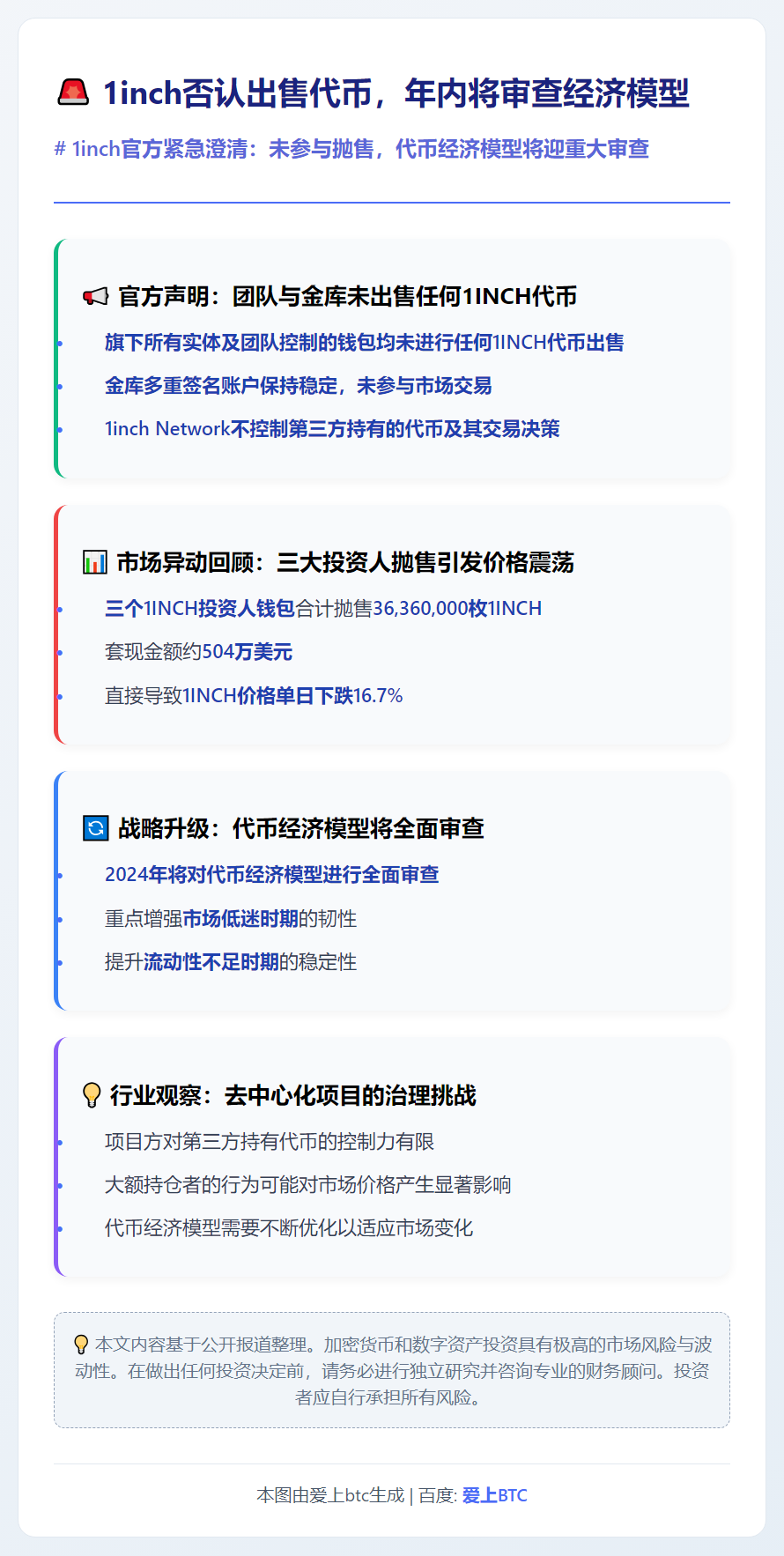1inch否认出售代币，年内将审查经济模型