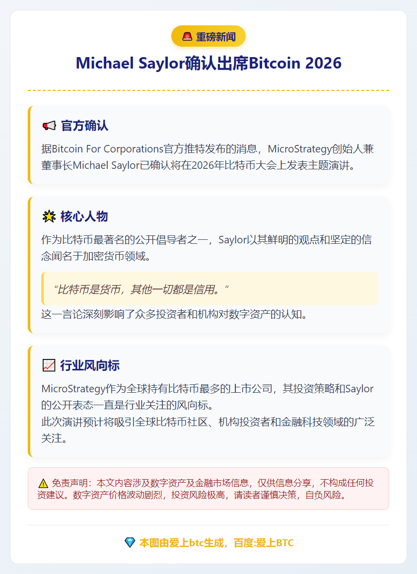 Michael Saylor确认出席Bitcoin 2026