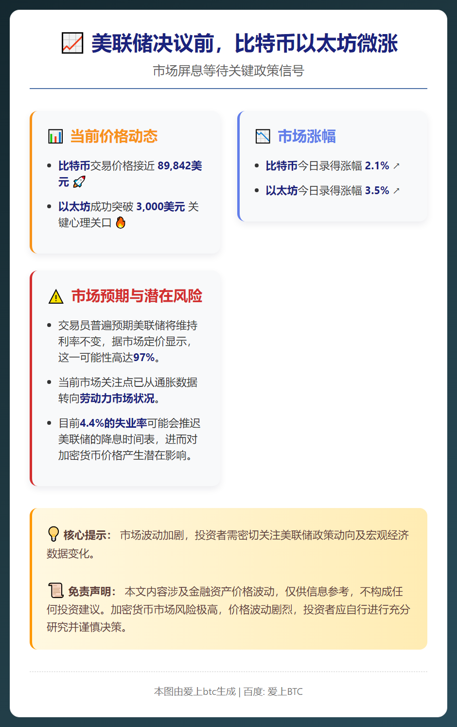 美联储决议前，比特币以太坊微涨