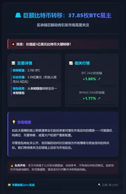 巨额比特币转移：37.85枚BTC易主