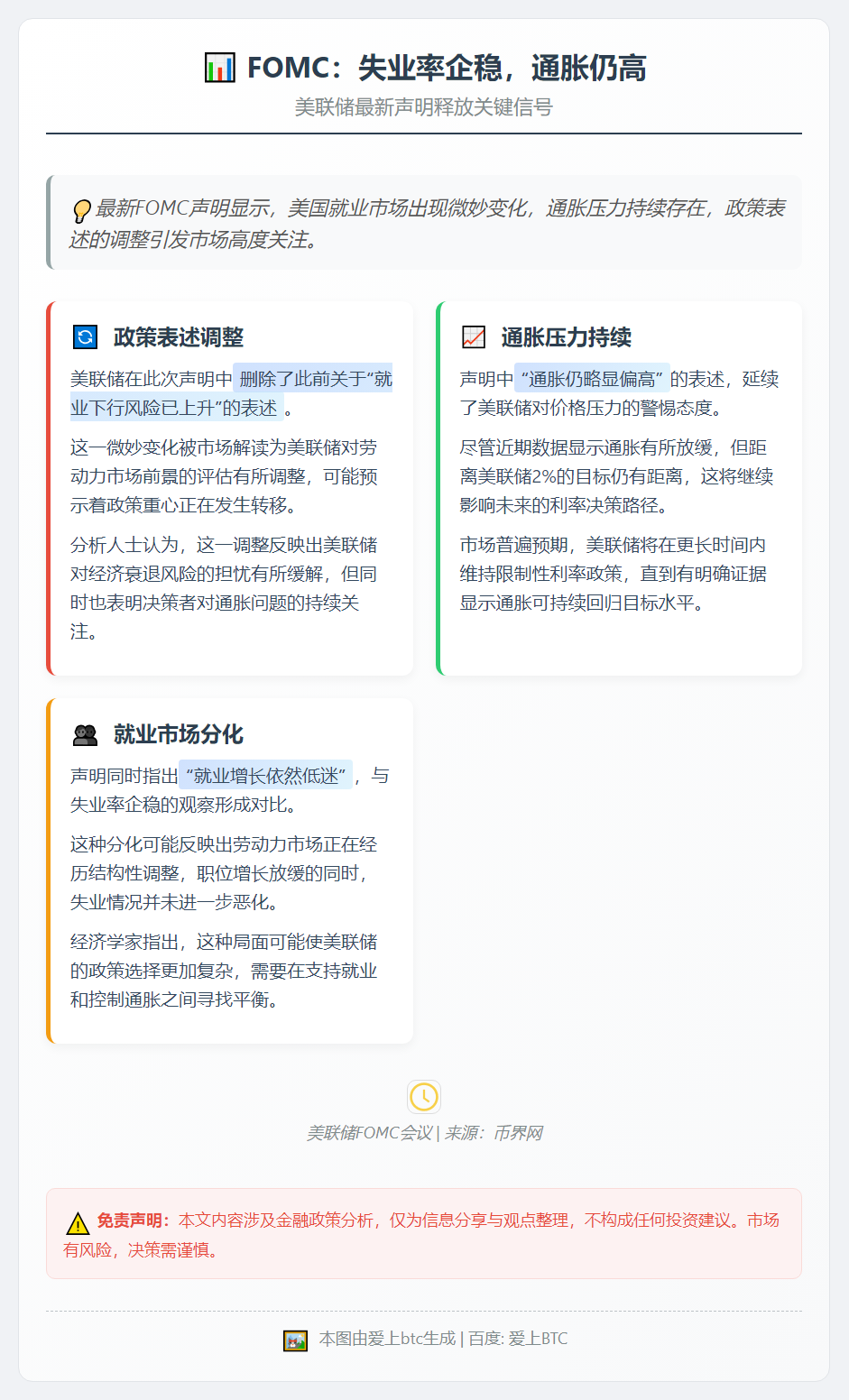FOMC：失业率企稳，通胀仍高