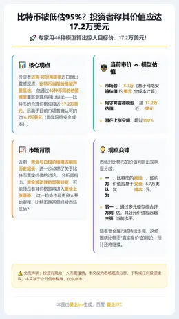 比特币被低估95%？投资者称其价值应达17.2万美元