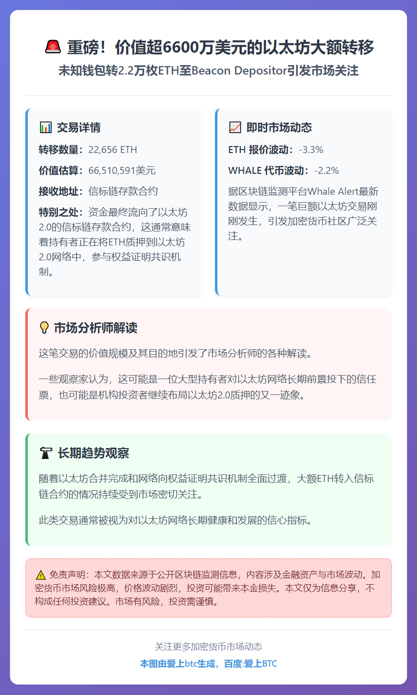 未知钱包转2.2万枚ETH至Beacon Depositor