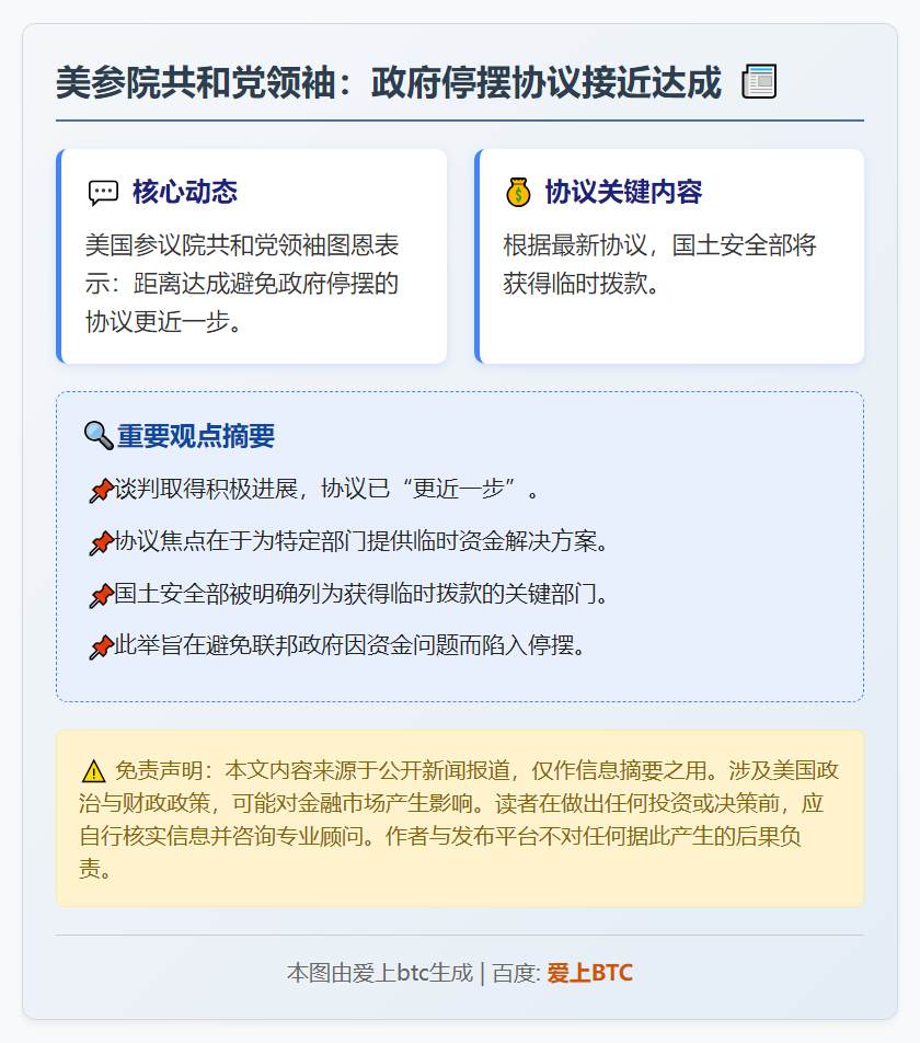 美参院共和党领袖：政府停摆协议接近达成