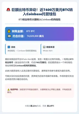 873枚比特币大额转入Coinbase机构钱包