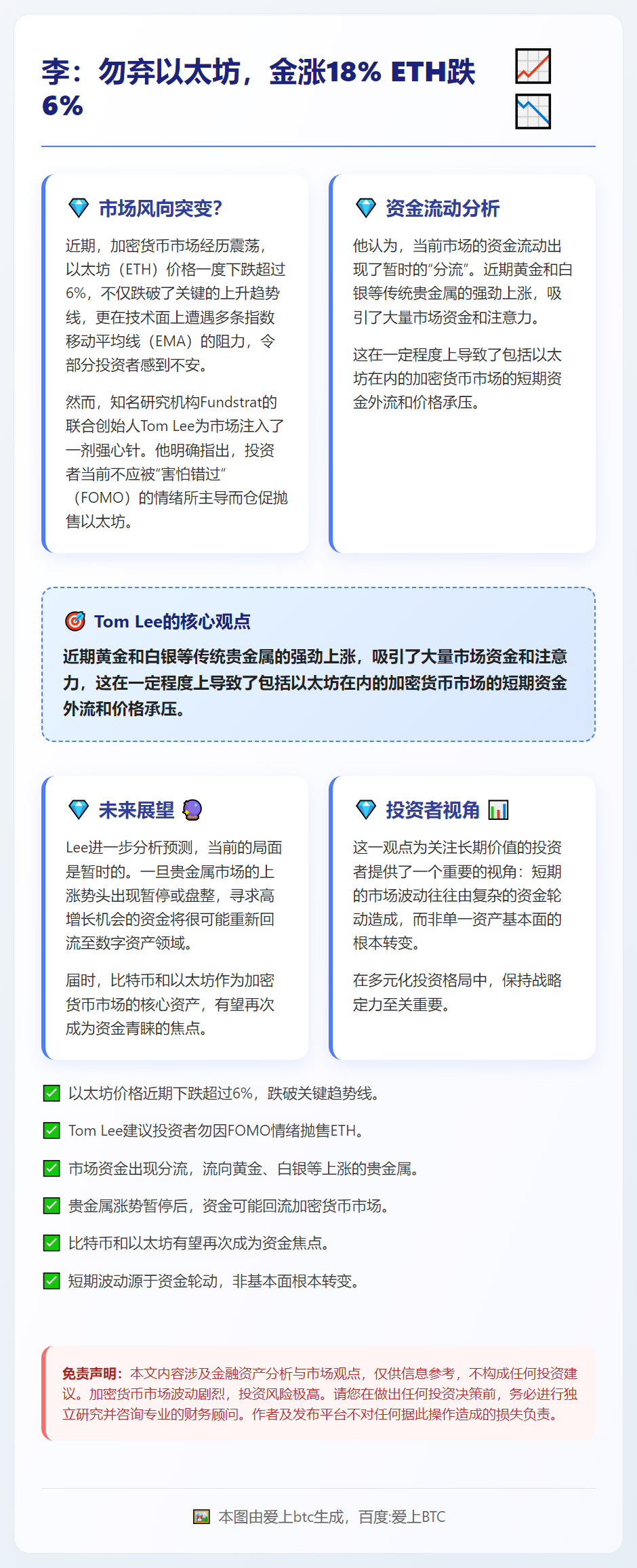 李：勿弃以太坊，金涨18% ETH跌6%