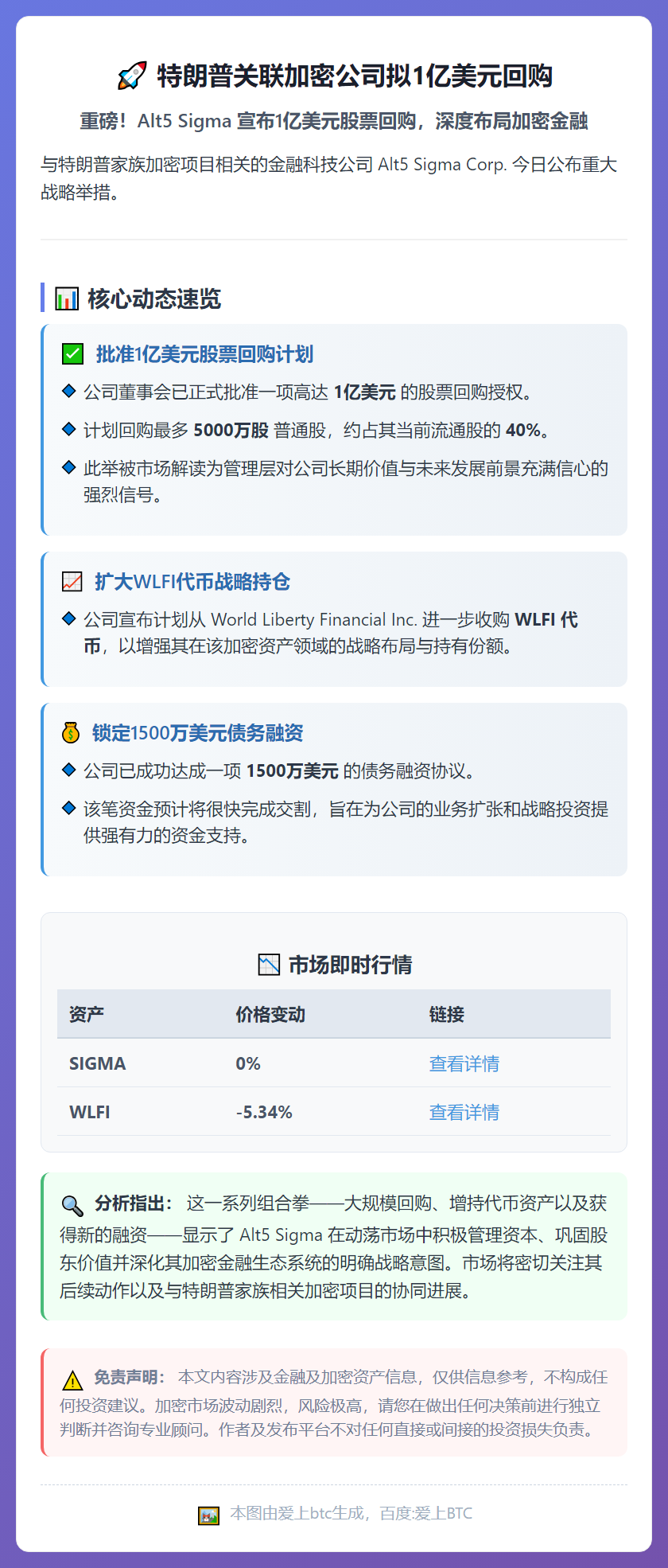 特朗普关联加密公司拟1亿美元回购