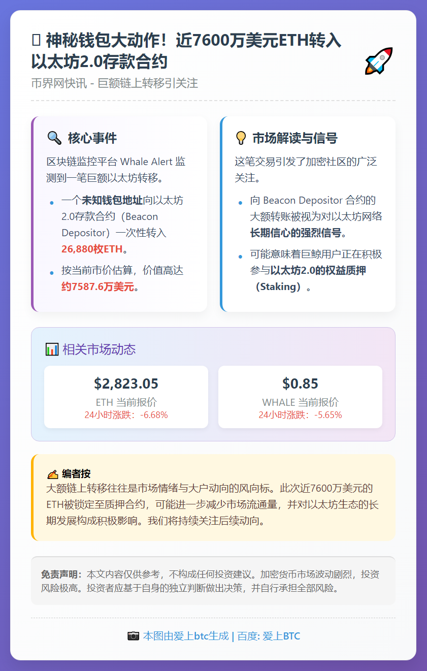 未知钱包向Beacon存款人转出2.7万枚ETH