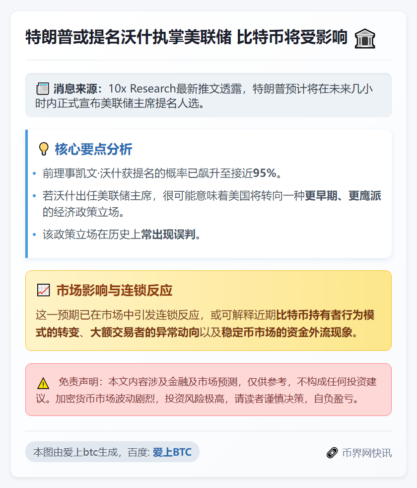 特朗普或提名沃什执掌美联储 比特币将受影响