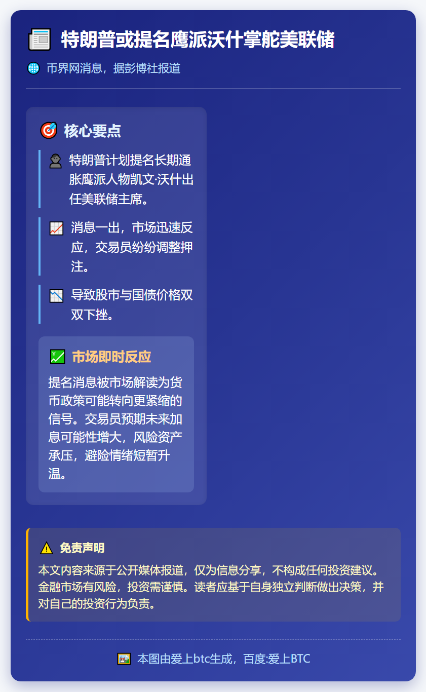 特朗普或提名鹰派沃什掌舵美联储