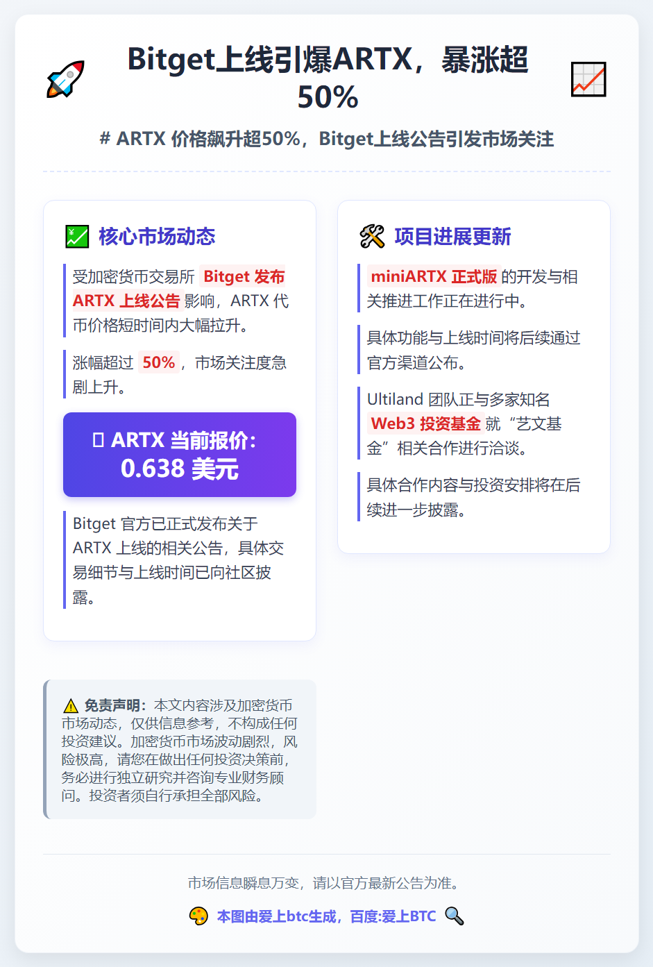 Bitget上线引爆ARTX，暴涨超50%