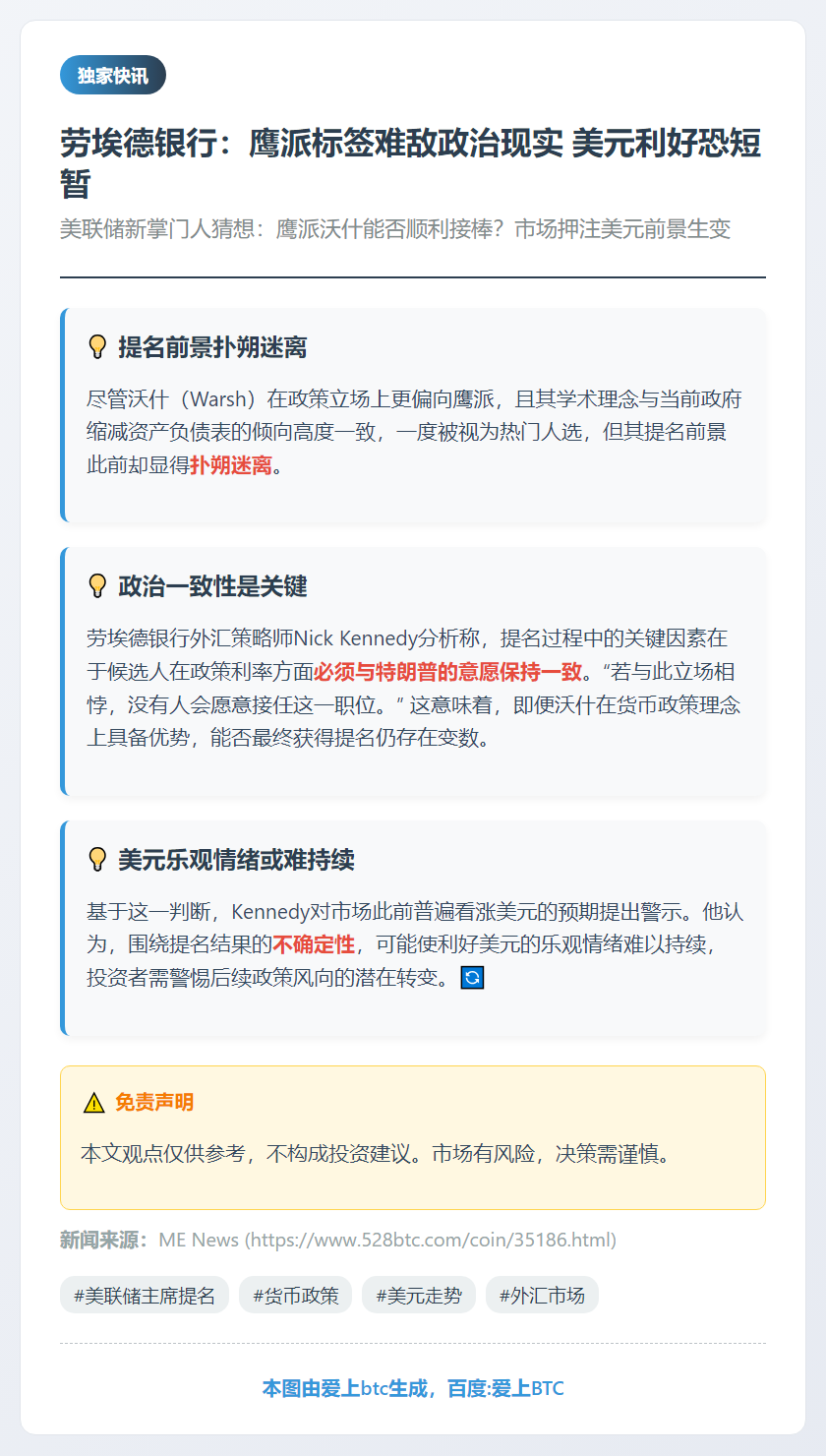 劳埃德银行：鹰派标签难敌政治现实 美元利好恐短暂