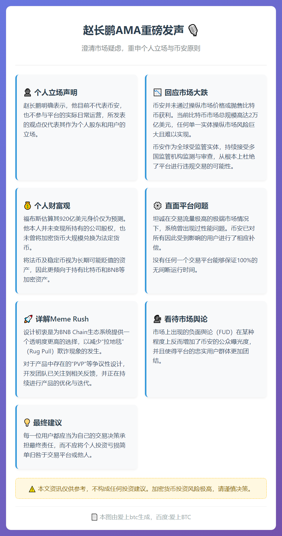 赵长鹏澄清：未变现股权与加密货币，未涉Meme Rush设计