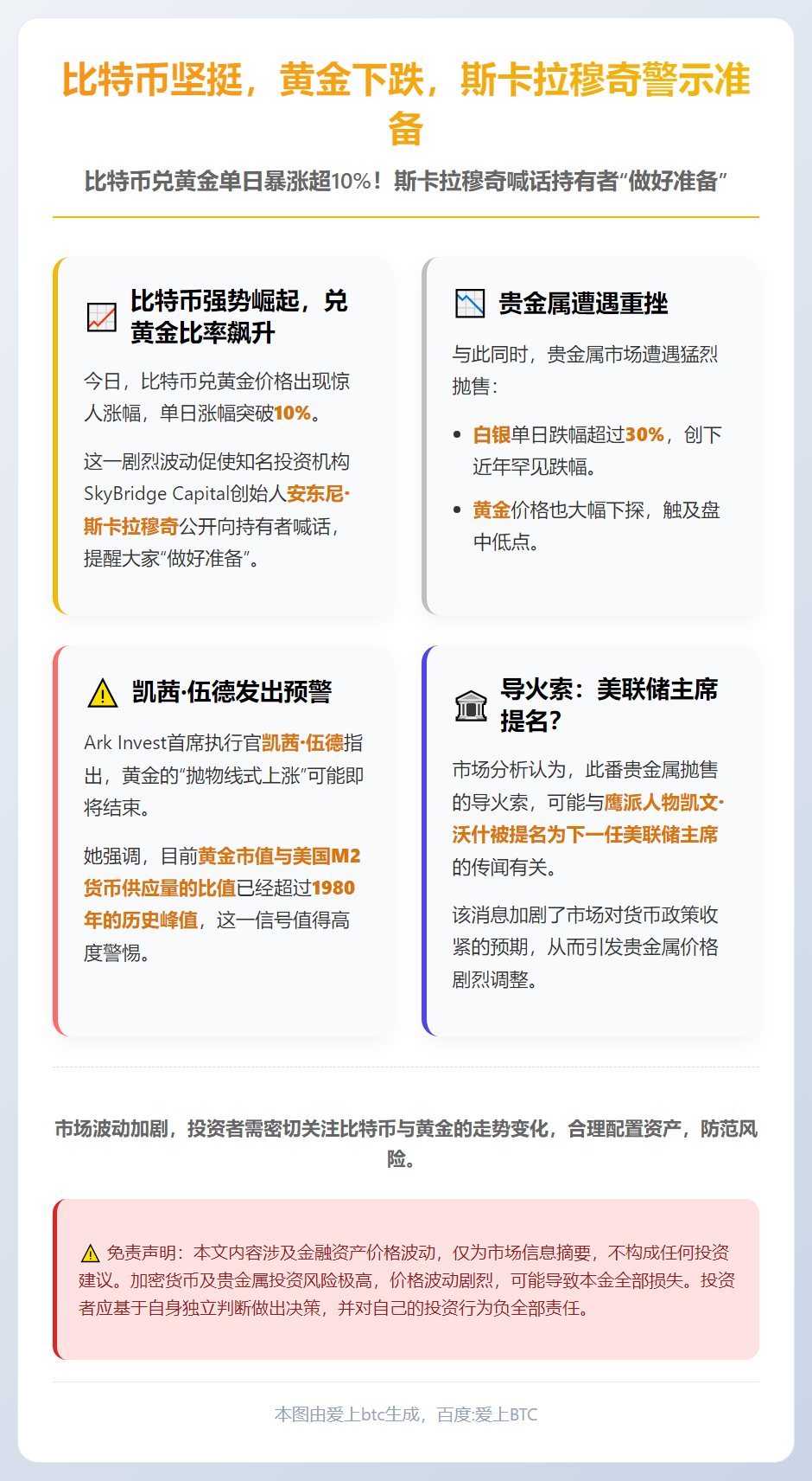 比特币坚挺，黄金下跌，斯卡拉穆奇警示准备