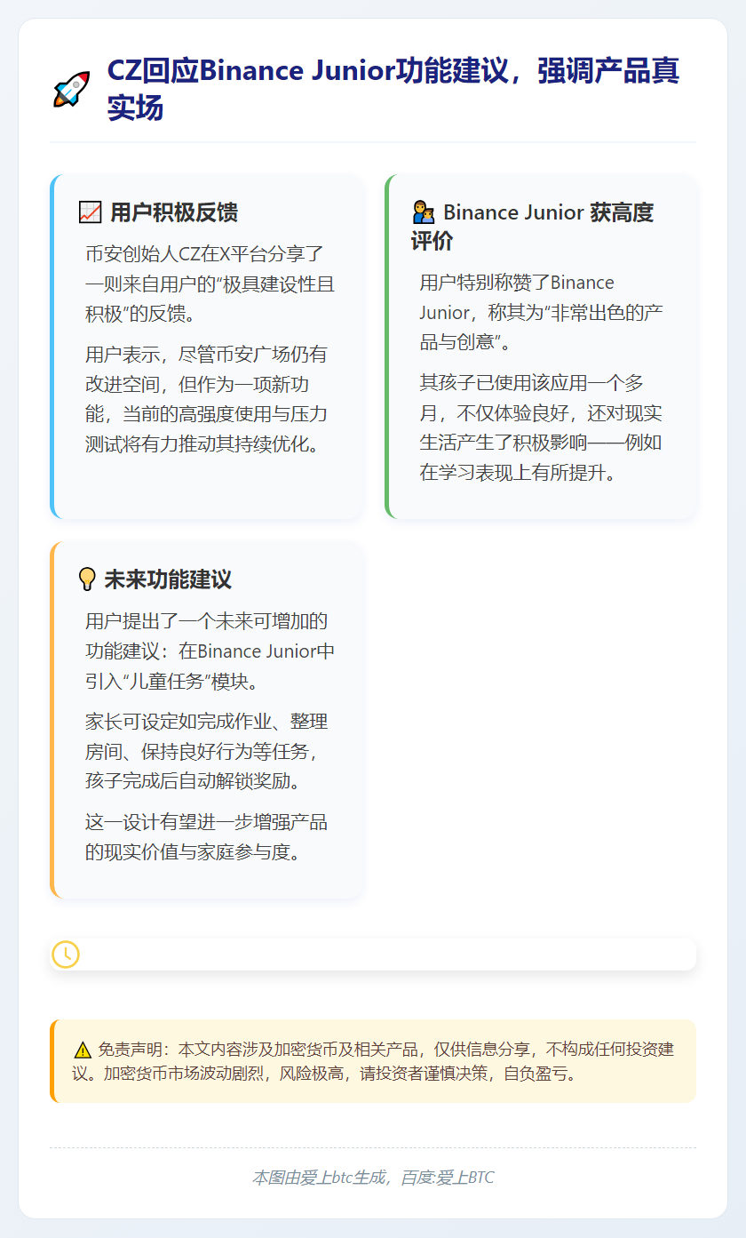 CZ回应Binance Junior功能建议，强调产品真实场