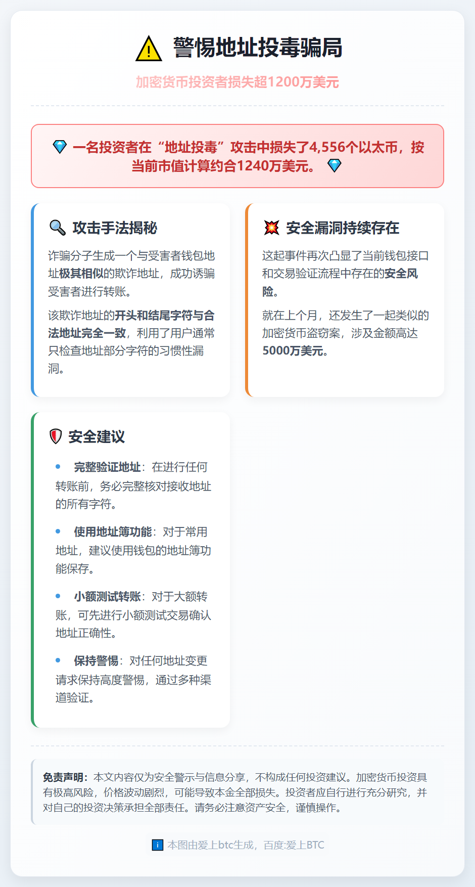 警惕地址投毒骗局：加密货币投资者损失超1200万美元
