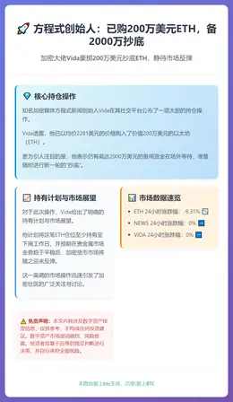 方程式创始人：已购200万美元ETH，备2000万抄底