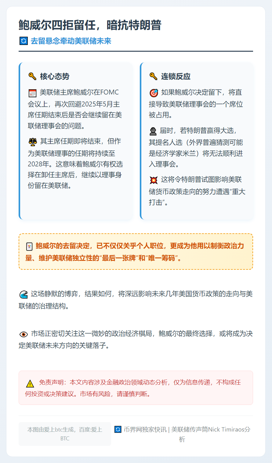 鲍威尔四拒留任，暗抗特朗普