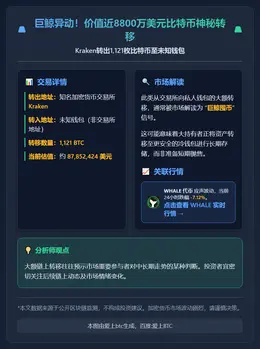 Kraken转出1121枚比特币至未知钱包