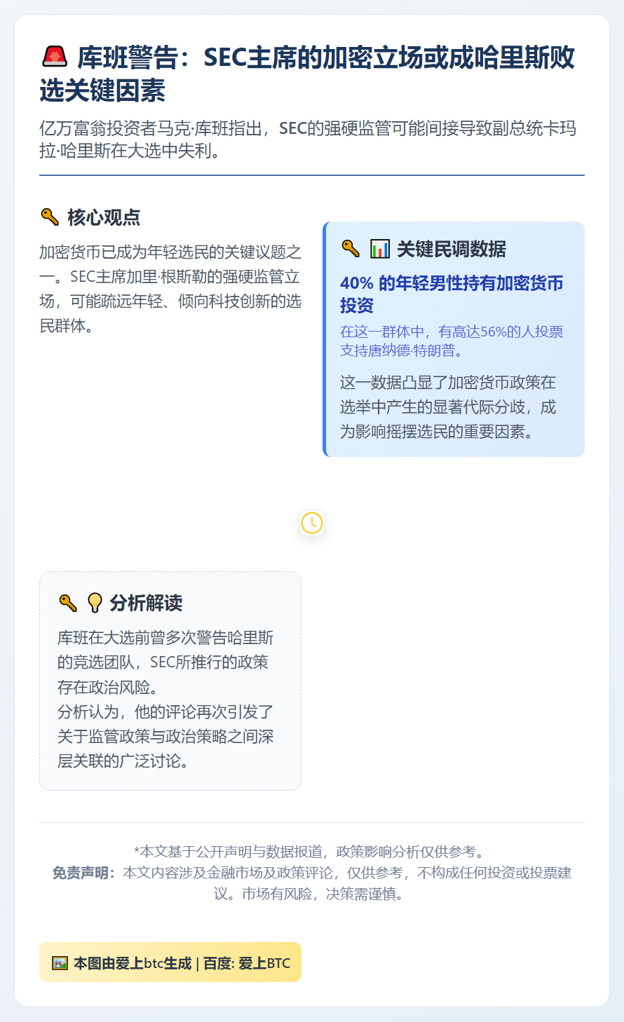 库班：哈里斯因加密政策失年轻男性选票
