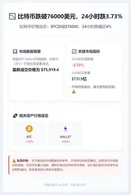 比特币跌破76000美元，24小时跌3.73%
