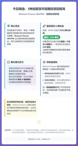 今日精选：3种加密货币短期投资回报高