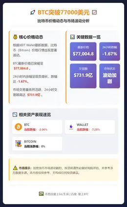 BTC突破77000美元，24小时跌1.67%