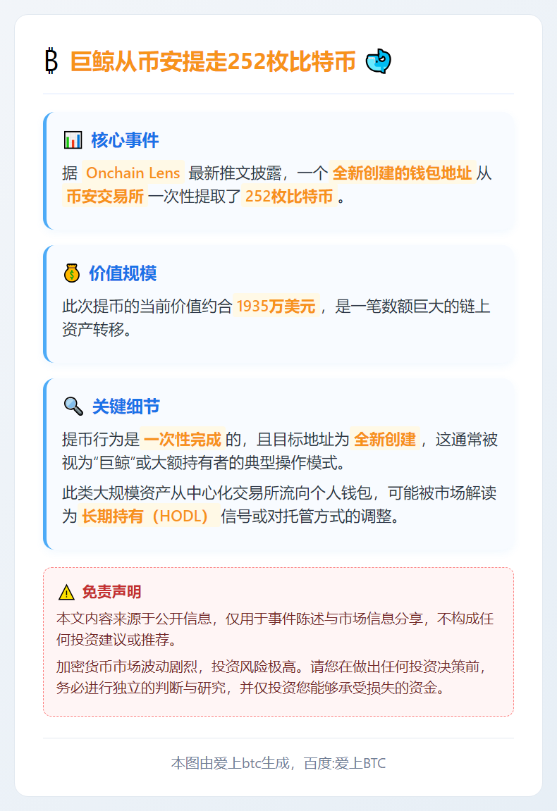巨鲸从币安提走252枚比特币