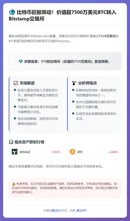 巨鲸转移979枚比特币至Bitstamp