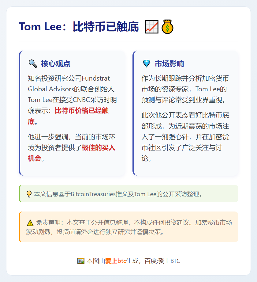 Tom Lee：比特币已触底